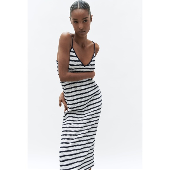 Zara Dresses & Skirts - Zara Crochet Knit Striped Jaquard V Neck Cami Midi Dress Black & White M
